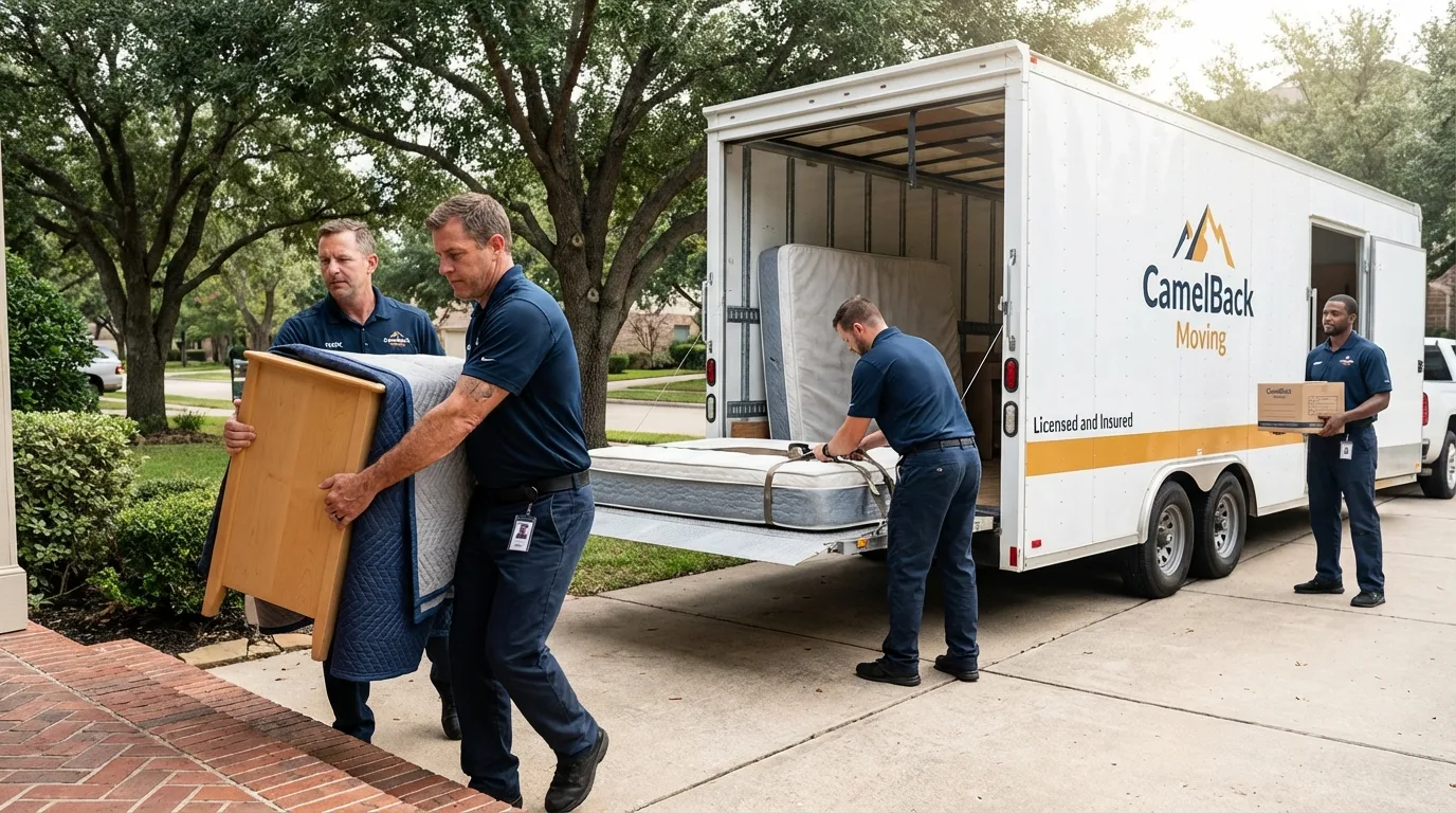 Crew loading residential truck for cross-state move from Divernon, IL