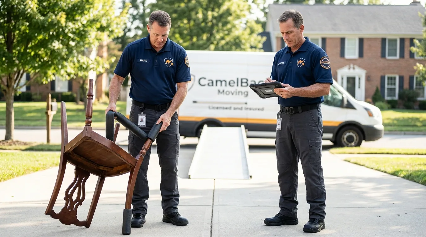 Movers inspecting furniture for damage prevention before loading in Divernon, IL