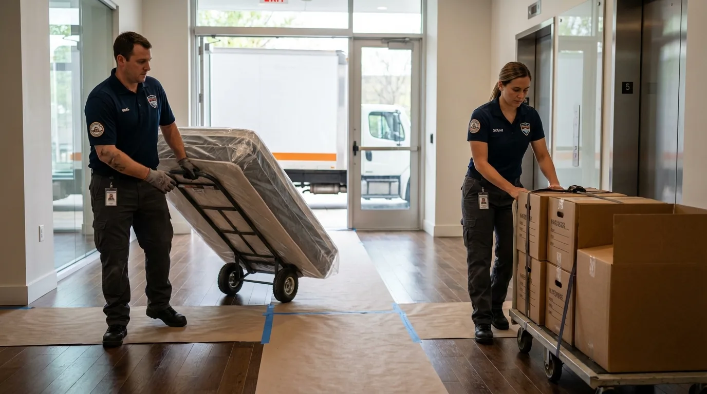 Professional apartment movers loading elevator in Divernon, IL