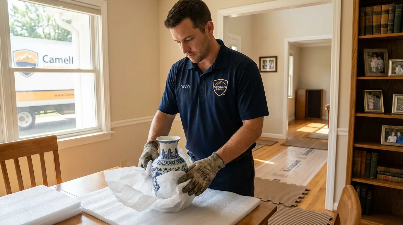 Professional crew carefully wrapping antique vase for senior downsizing move in Divernon, IL