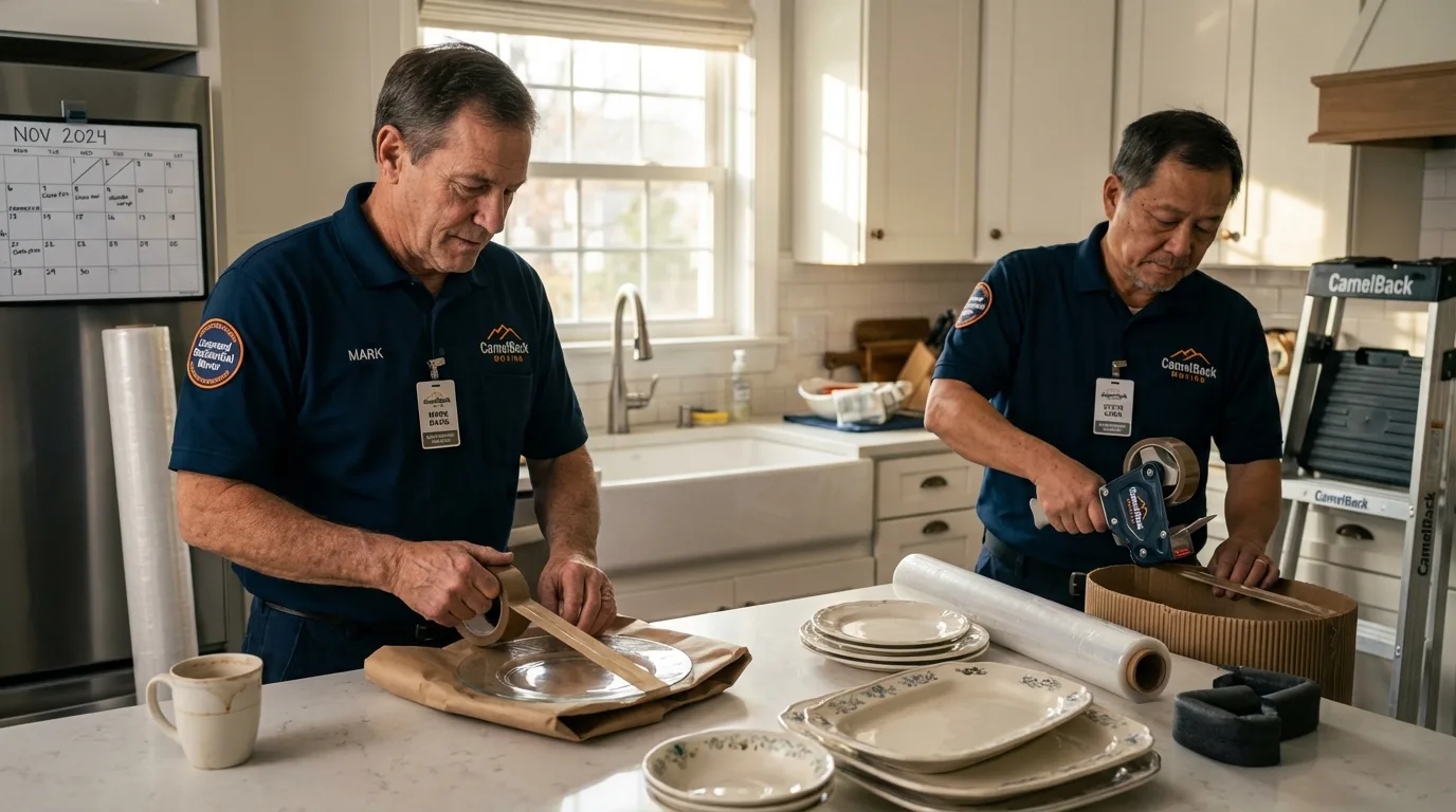 Professional crew packing kitchen dishware in Divernon, IL